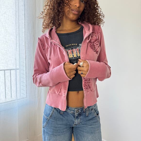Vintage Morgan de Toi pink zip-up hoodie with graphic print & raw-edge details S - Picture 7 of 11
